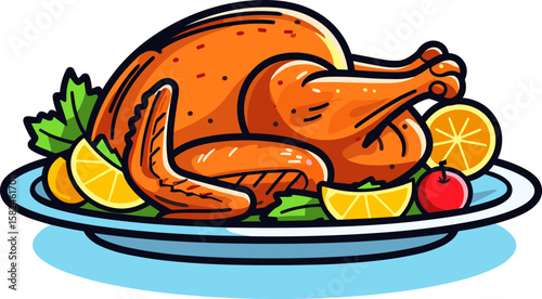 Festive Roasted Turkey with Citrus Garnish on a Blue Plate