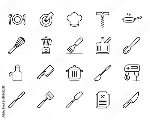 Kitchen Utensil Icons - Cookware, Baking Tools & Cooking Equipment Vector Set. Adjustable Line Weight
