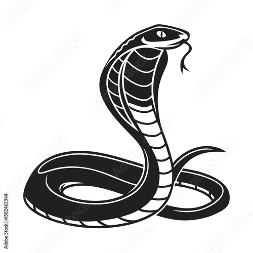 Illustration of a cobra with its hood extended in black