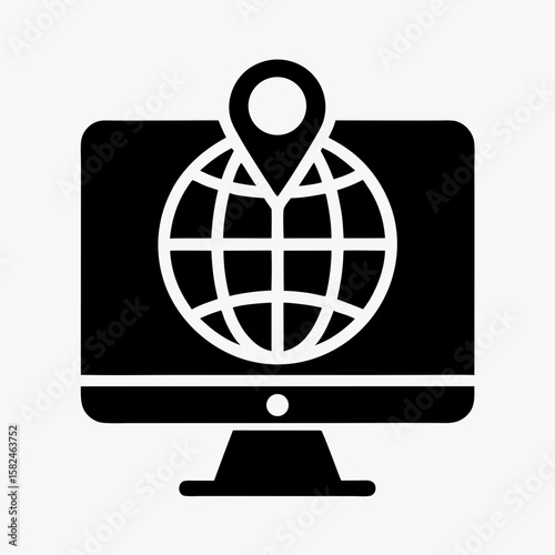 Global Location Pin on Computer Monitor Icon - Worldwide GPS Tracking