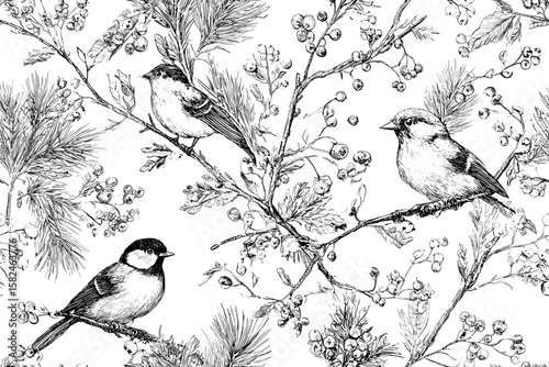 Seamless pattern, vintage hand-drawn autumn leaves, seeds, and delicate birds, elegant black ink outlines, refined botanical etching style, crisp clean vector, balanced composition,
