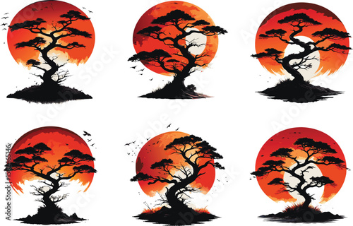 Stylized silhouette of a bonsai tree against a vibrant red sun and flying birds