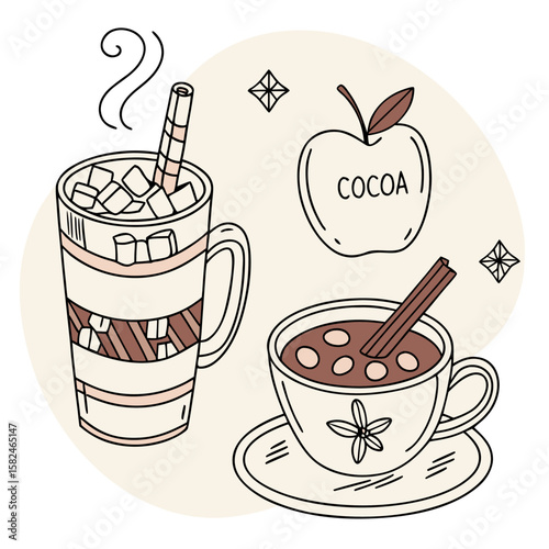 Illustration of two mugs of cocoa with marshmallows and a cinnamon stick and cocoa apple drawing