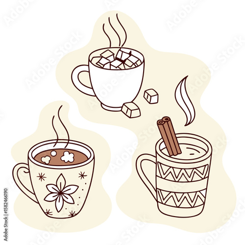 Illustration of three stylized cups with hot beverages and different toppings on a light background
