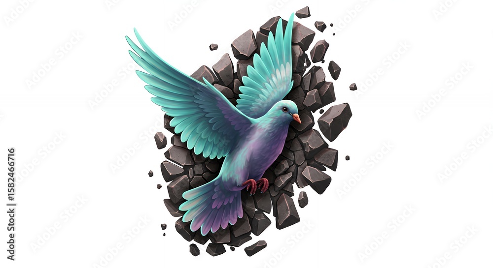Fototapeta premium Pigeon breaking through rocks graphic illustration