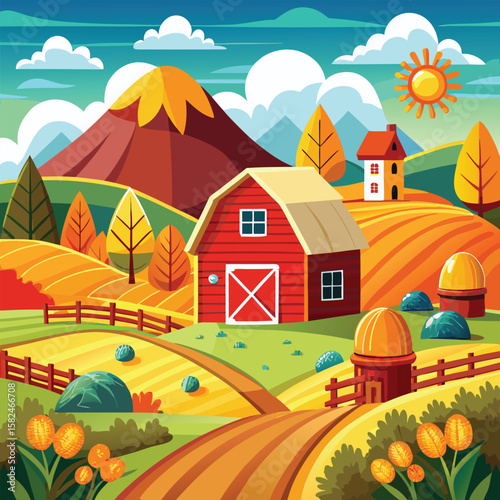 Rural landscape illustration of a charming village house with flowers, trees, and grass under a summer sky