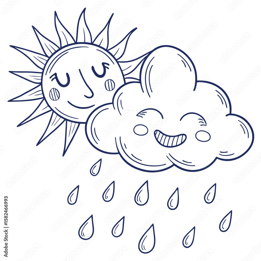 Fototapeta premium Cartoon sun with closed eyes next to a smiling cloud with raindrops falling, all in outline style drawing