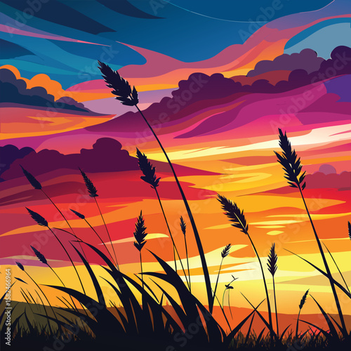 Golden sunset bathes a wheat field in warm orange and yellow hues under a vast sky, with silhouettes of grass and distant trees completing the serene landscape