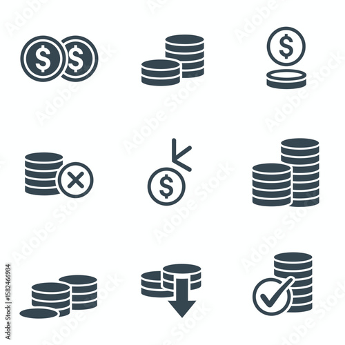 Coins Icons Set in Black Featuring Simple Currency Symbols and Stacked Money Graphics Ideal for Finance, Investment Apps, and Business Branding Projects

