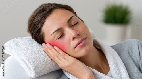 Woman holds her cheek in pain, eyes closed, resting on a white towel, highlighted red inflamed area.