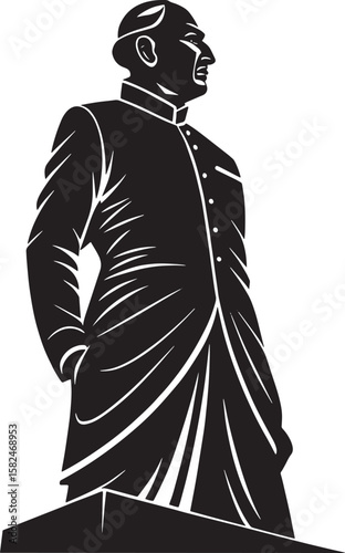 Black and white illustration of a man formal wear statue