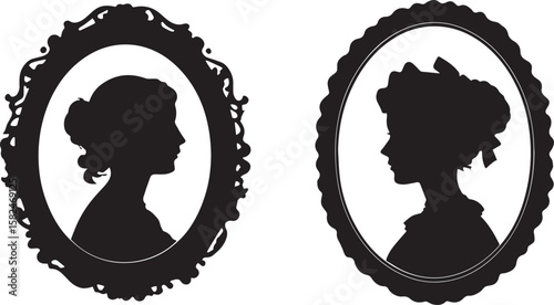 Vintage Female Portrait Silhouettes in Ornate Oval Frames Vector