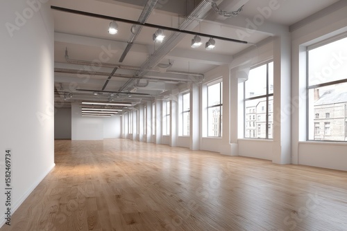 Modern workspace with wooden floors, clean lines, and modern lighting for a productive feel.
