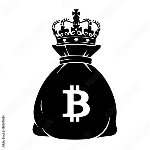 Royal Bitcoin money bag icon with crown symbolizing the king of cryptocurrency, digital wealth, blockchain dominance, financial power, investment success, and elite crypto economy.