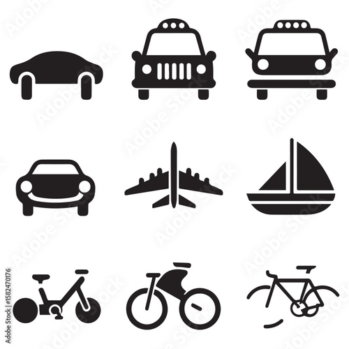 Vector set of transportation icons featuring cars, trucks, buses, trains, ships, airplanes, and other travel vehicles