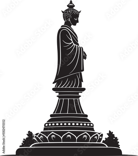 Black silhouette of a standing Buddha statue white