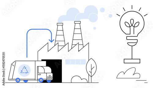 Recycling truck unloading at factory with chimneys emitting smoke, lightbulb with sprout symbolizing innovation. Ideal for sustainability, eco-friendly practices, waste management, renewable energy
