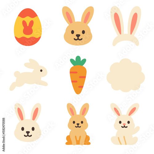 Bunny, cute Easter bunny icons, carrot, egg offer spring cheer. Perfect for Easter themed designs, greeting cards, social media posts.