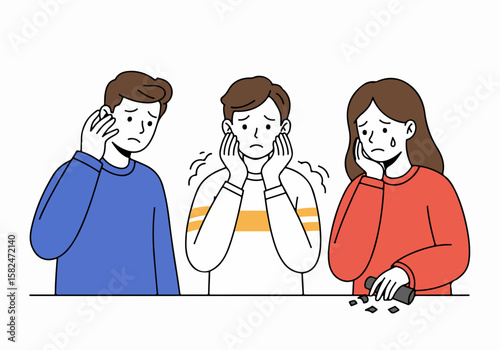 Illustration of people suffering from various pains, including earache, toothache, and jaw pain, showing discomfort and distress.