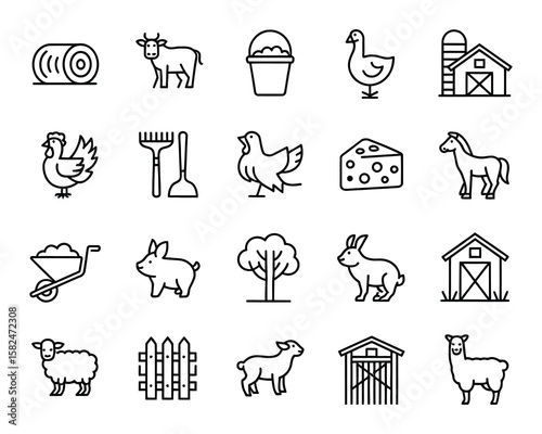 Livestock Farming Vector Icon Set. Cattle, Pigs, Poultry, Barn, Hay, Farming Tools, Rural Life, Animal Husbandry, Editable Line Weight
