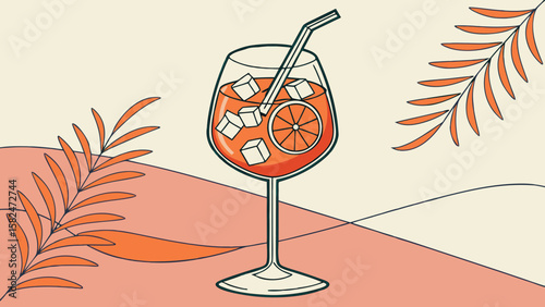 A vibrant illustration of a refreshing cocktail served in a glass, garnished with orange and ice cubes.