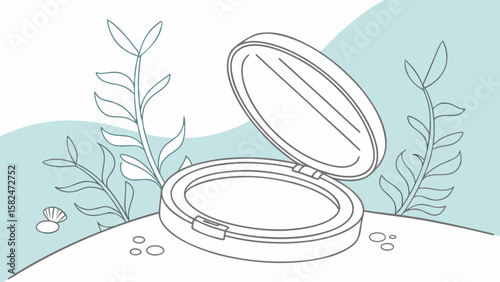 A minimalist open compact mirror surrounded by aquatic plants, emphasizing serenity and simplicity.