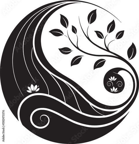 Black and white yin yang nature design leaves branches