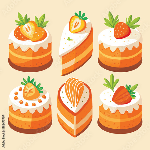 A delightful collection of sweet bakery desserts including cartoon chocolate and strawberry cupcakes, muffins, and birthday cakes with cream decoration