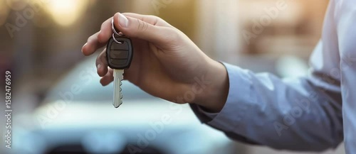 A person holding car keys with a vehicle in the blurred background.