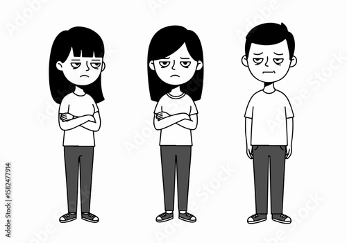 Black and white illustration of three people looking bored and upset.