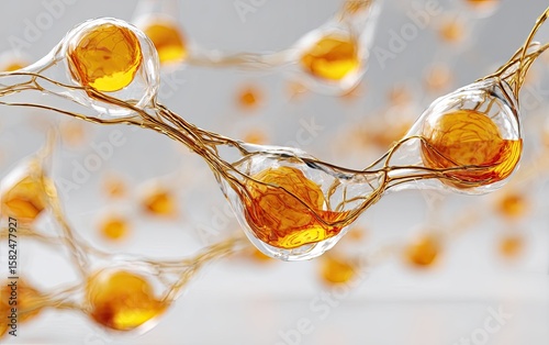 Network of translucent, amber orbs interconnected by thin, fibrous strands against a blurred, light gray background