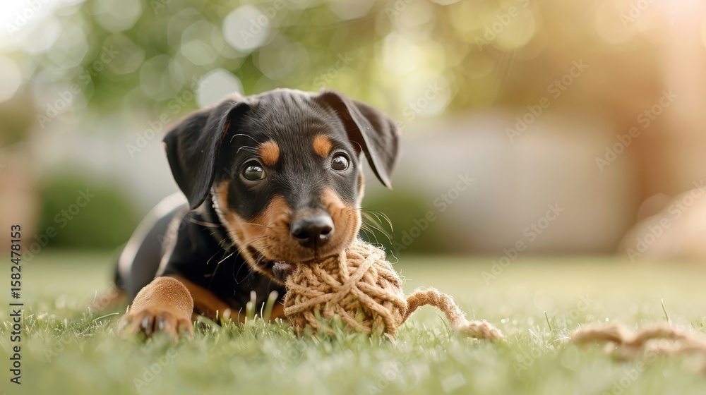 A Doberman puppy playfully tugs on a rope toy in a backyard. A Doberman puppy playfully tugs on a rope toy in a backyard.