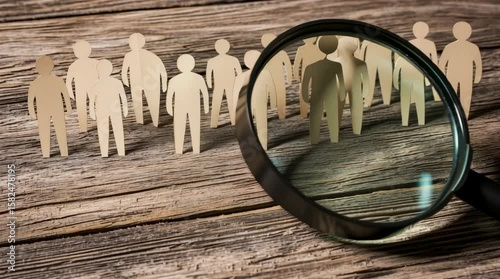 A magnifying glass revealing paper figures on wooden background.