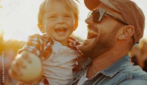 A joyful father and son sharing a fun moment together outdoors.