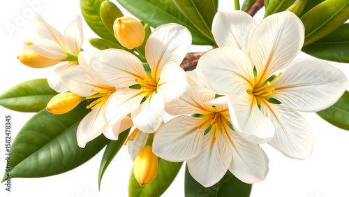 Delicate white plumeria flowers with yellow centers and green leaves on white background