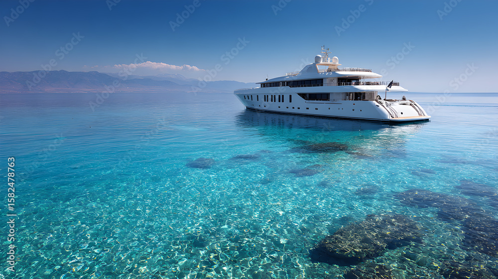 Luxury yacht anchored in crystal clear turquoise water near mountains a tranquil summer scene Luxury yacht anchored in crystal clear turquoise water near mountains a tranquil summer scene