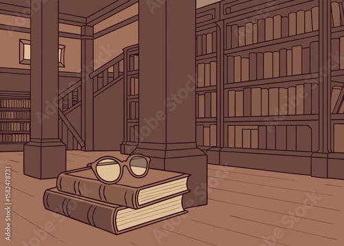 Vintage Bookstore Scene with Stacked Books and Cozy Reading Nook Illustration


