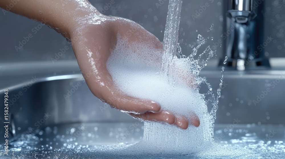 Fototapeta premium Hand with Soap Bubbles under Running Water in Modern Kitchen Sink