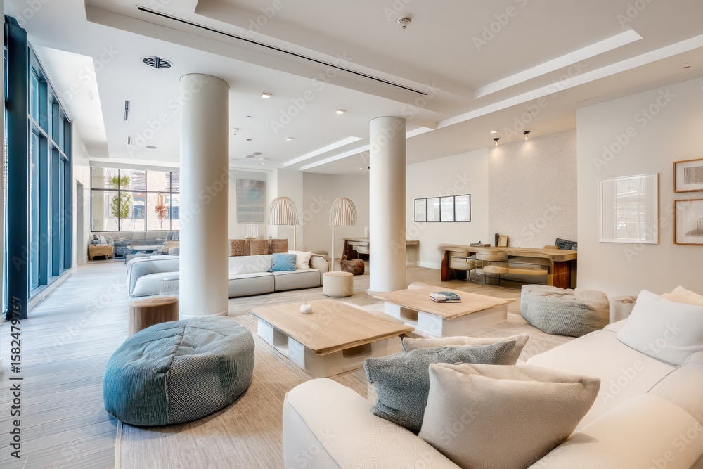 Fototapeta premium Stylish lounge area with soft cushions, sleek lines, and modern decor for comfort.