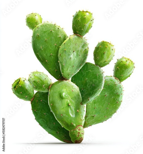 Lush, vibrant prickly pear cactus with plump, green pads and nascent buds, isolated on a white background