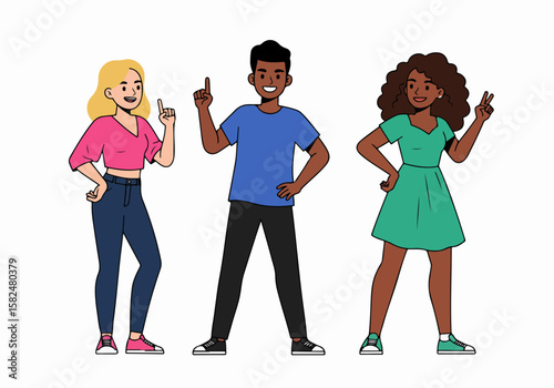 Diverse group of young people standing and posing, pointing upwards or showing a peace sign, in a simple cartoon illustration style.
