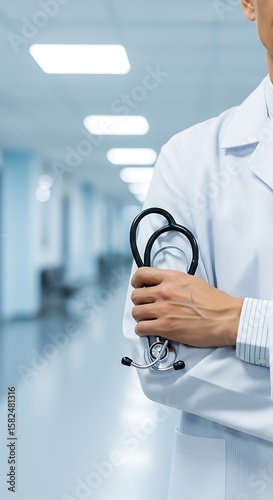 A medical professional in a crisp white lab coat stands confidently in a bright, modern hospital corridor, symbolizing dedication and the vital role of healthcare, ready to provide essential patient c