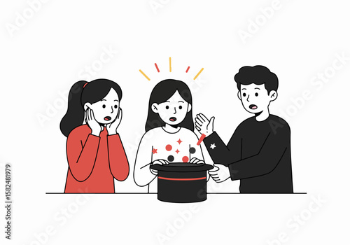 Three people watching a magic trick with astonishment and surprise as a magician performs a show with a top hat.