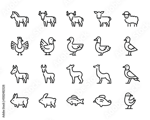 Livestock & Farm Animal Adjustable Line Weight Icon Set - Animals, farm, poultry, cattle, sheep, goat, horse, pig, rabbit, duck, wildlife, agriculture, rural life icons