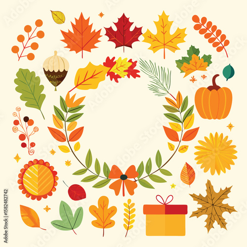 A vibrant, seamless pattern of colorful autumn leaves and berries in various shapes, perfect for fall nature designs