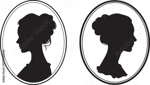 Vintage Woman Silhouette Portraits in Oval Frames Vector Art
