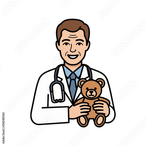Friendly male pediatrician holding a teddy bear isolated on transparent background silhouette