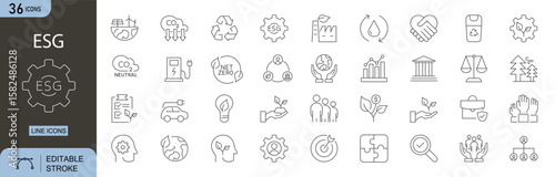 ESG icons set. Includes icons for sustainability, ethics,  carbon footprint, renewable energy, social responsibility, and environmental . Editable stroke. Line icons. Perfect for infographics.