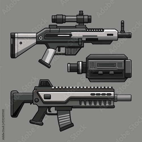 Vector illustration of an isolated black automatic rifle, a military weapon with a trigger and barrel