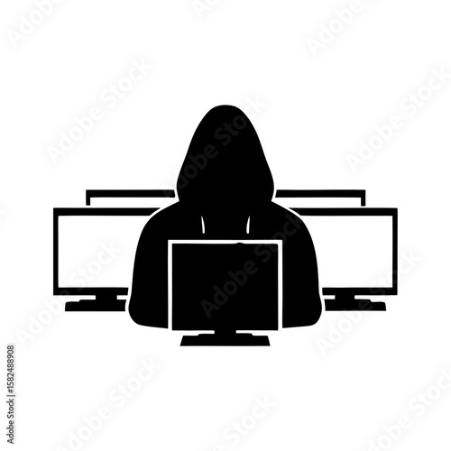 Hacker Silhouette in Hoodie with Monitors – Dark Tech PNG Transparent Background